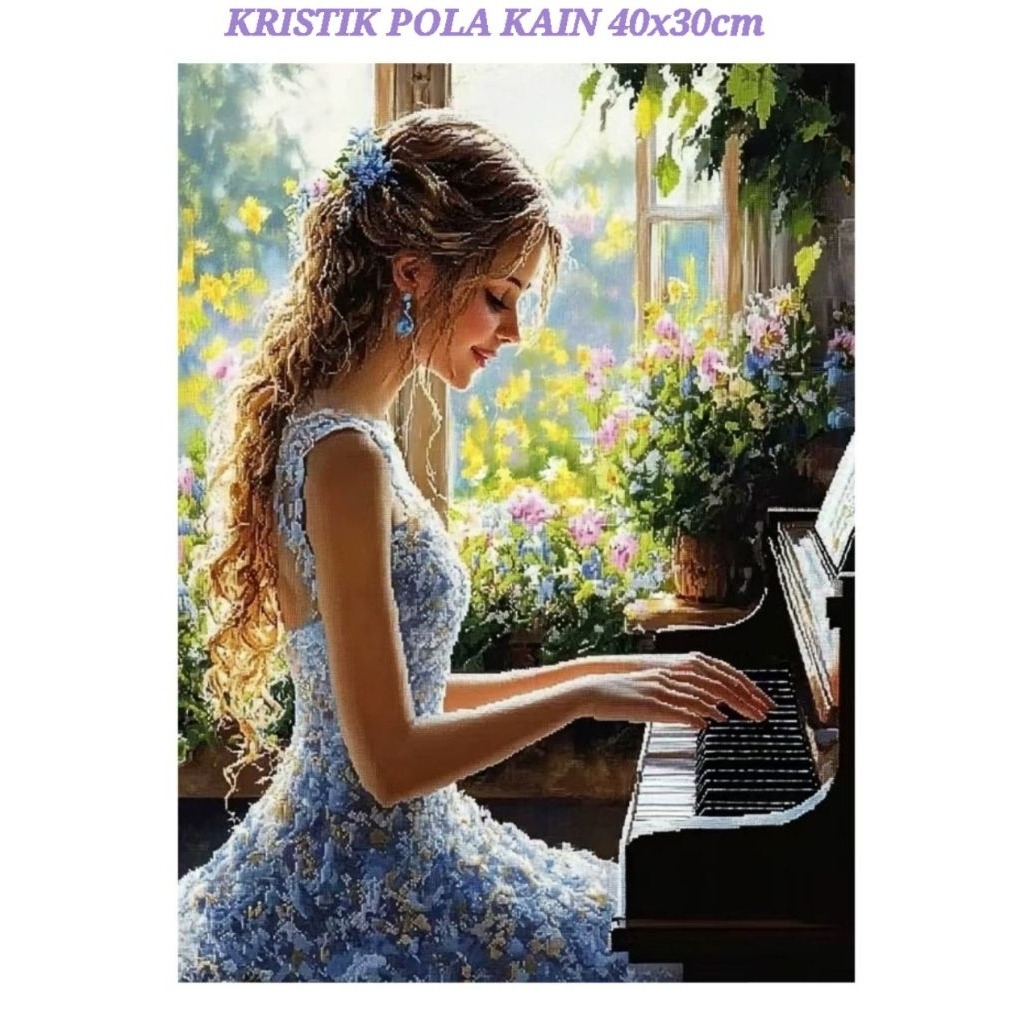 paket kristik wanita pemain piano organ alat musik pemusik pola kain cross stitch kit