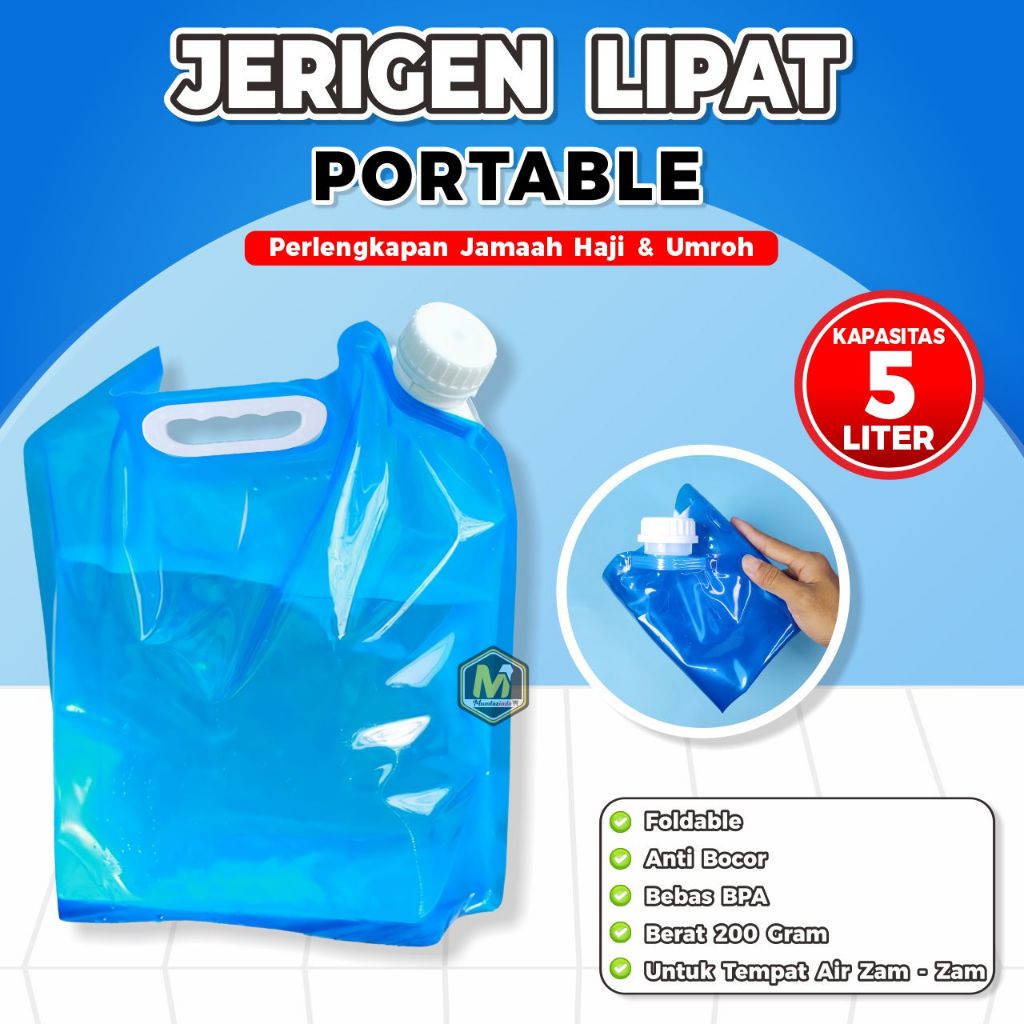 Jerigen Lipat Portable 5 Liter BPA Free Anti Bocor untuk Haji Umroh & Camping Biru Putih Foldable & 