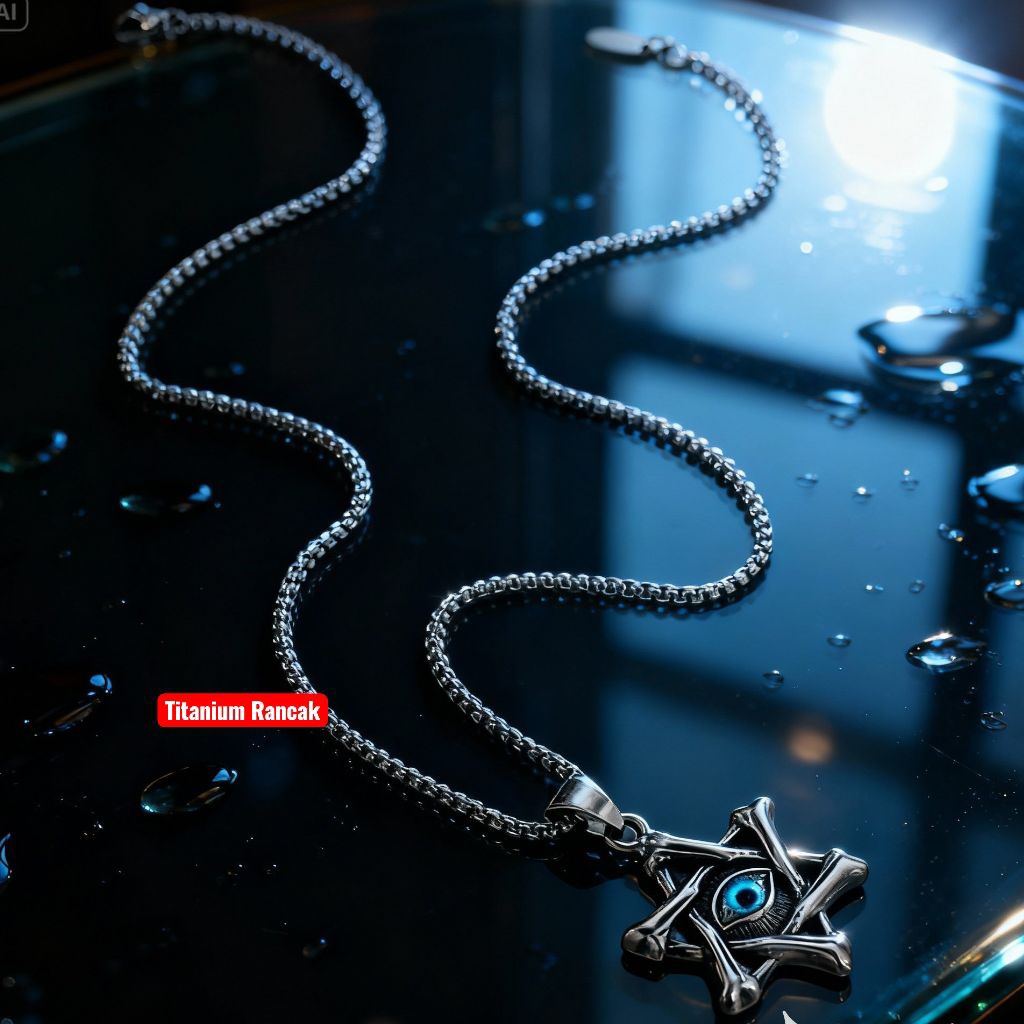 Kalung Titanium Liontin Mata Biru Illuminati – Aksesoris Pria Wanita Keren & Anti Karat