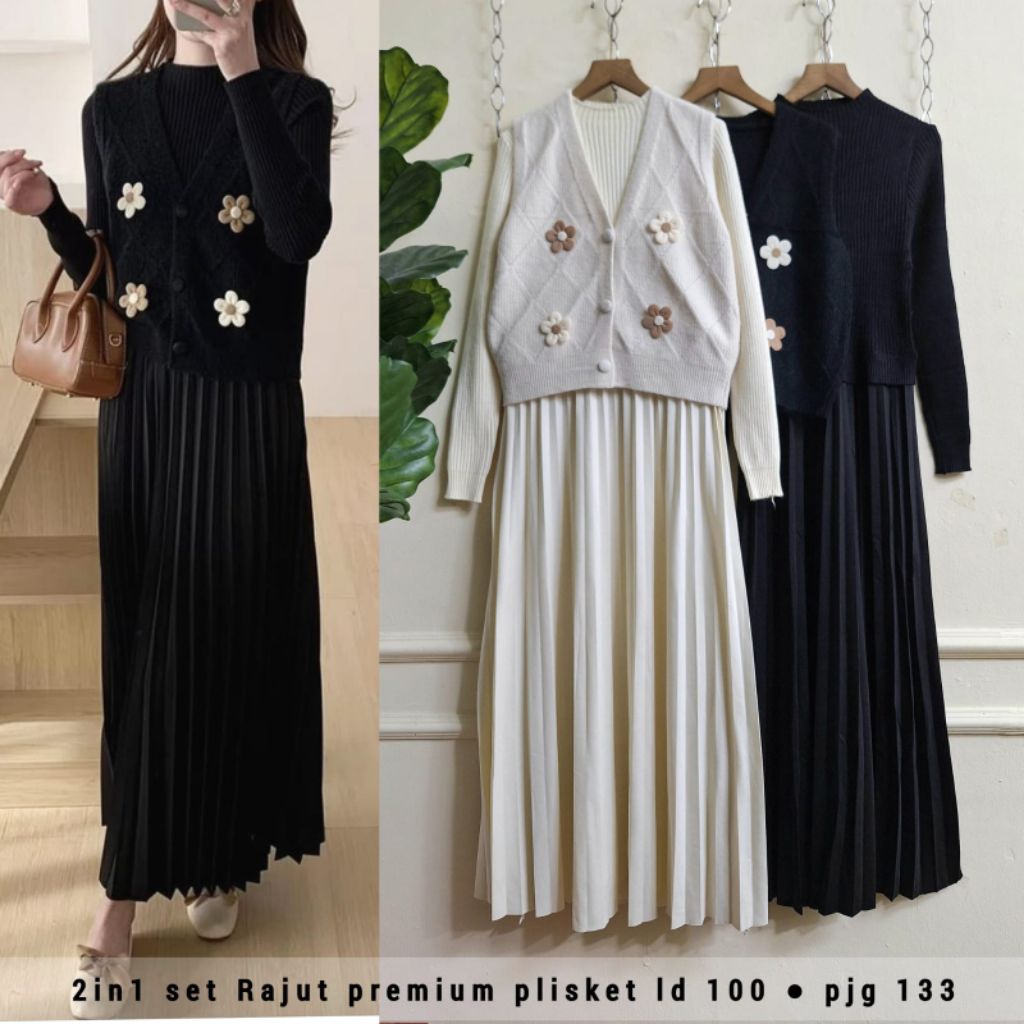 Real pic ORIGINAL dan TERMURAH MIDI Dress set Outer rajut PREMIUM Butik / 2in1 set Dress + Outer Jum