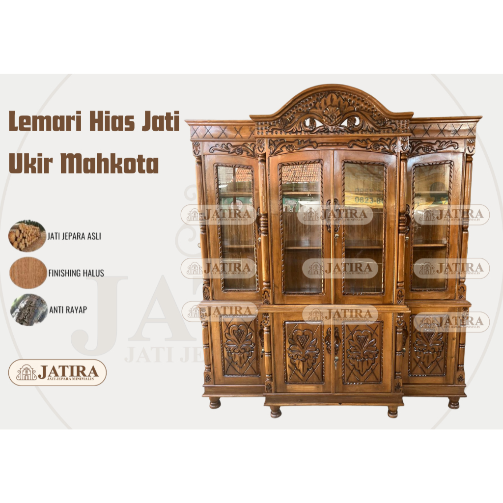 Lemari Hias Jati Ukir Mahkota | Lemari Hias Jati Jepara Asli Murah palembang