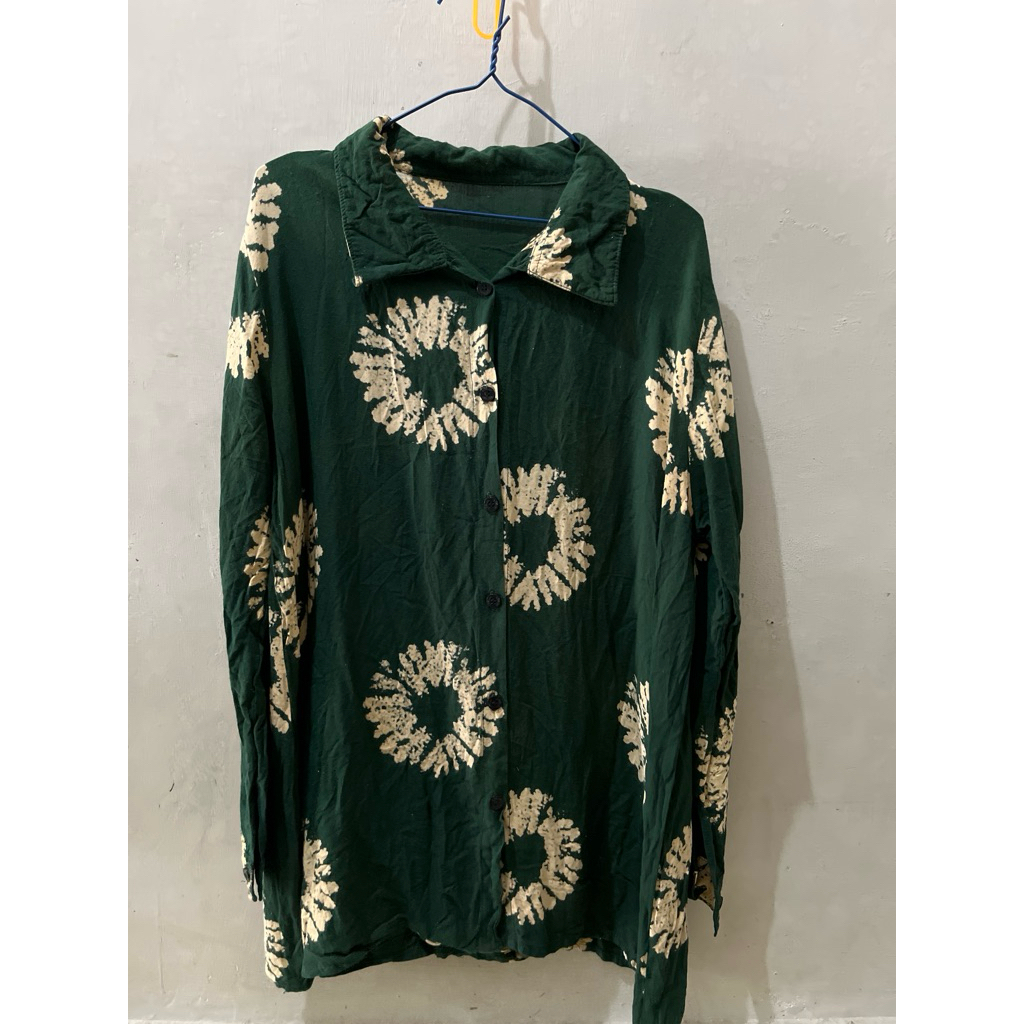 READY kemeja wanita rayon adem hijau botol motif