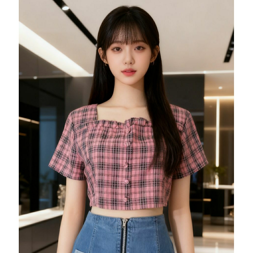 CROP TOP PINK SQUARE NECK ATASAN KOTAK BLACKPINK KOREA