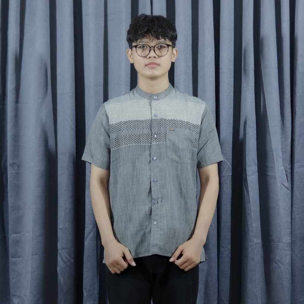 Kemeja Koko Pria Topten Abu Bordir Pendek ASR0088 Katun Adem Premium