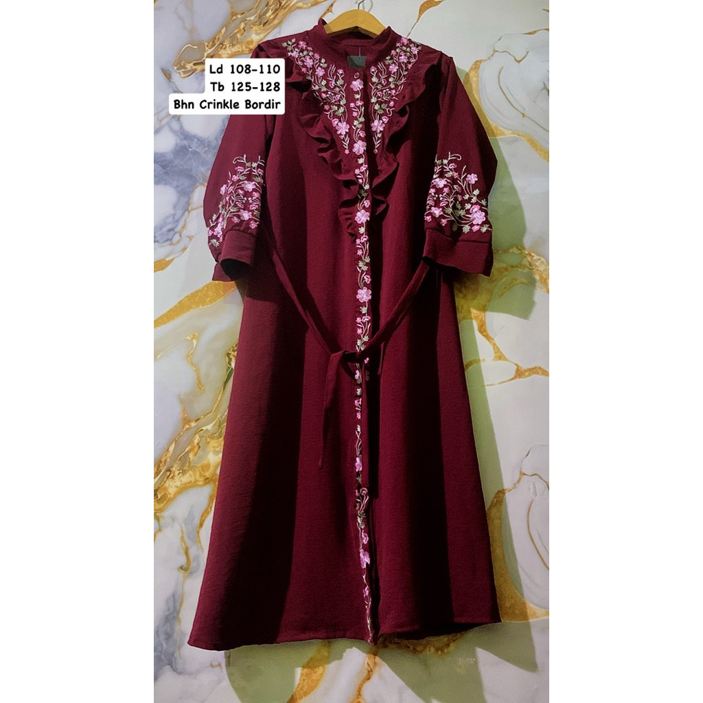 New Gamis Wanita Warna Marun Bahan Crinkle Premium Bordir Mewah