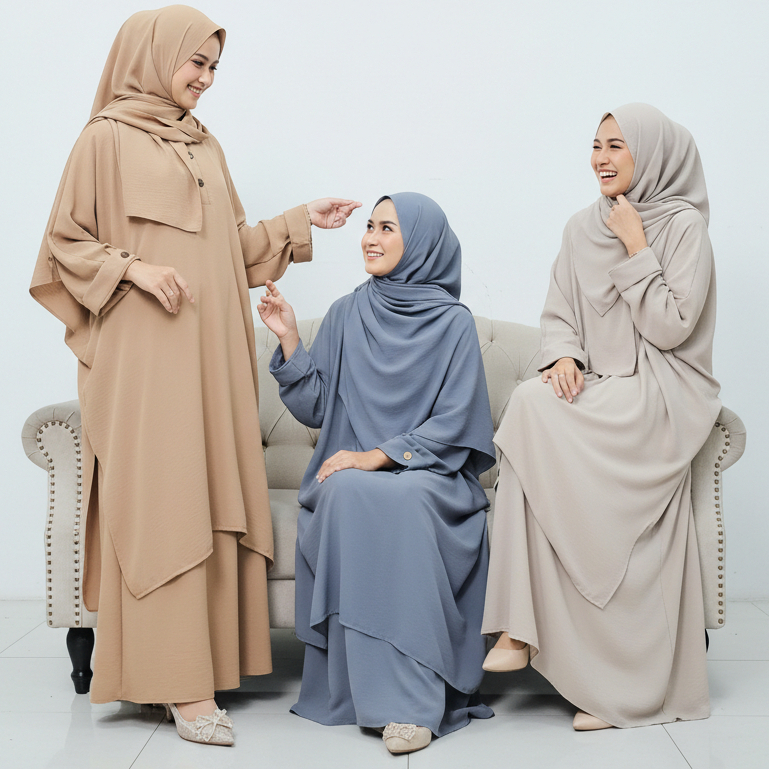 Alula Abaya Tunik Syari - One Set Tunik Jumbo + Rok + Pashmina Oval