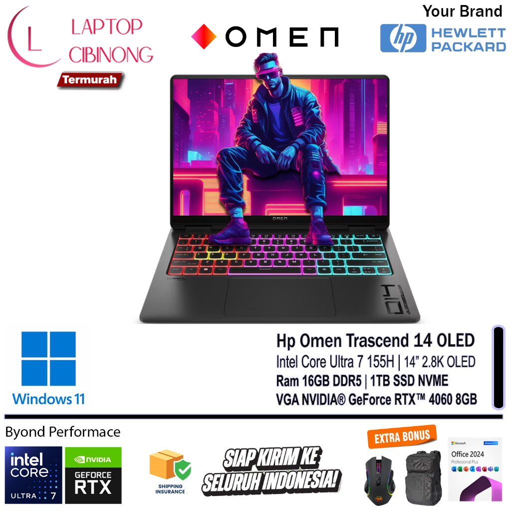 Laptop Hp Omen Trascend 14 OLED Intel Ultra 7 155H Nvidia RTX4060-8GB RGB Windows 11 Black