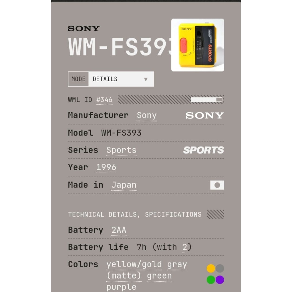 Walkman Sony-FS393 Cassette Player Portable Autoreves Made In Japan