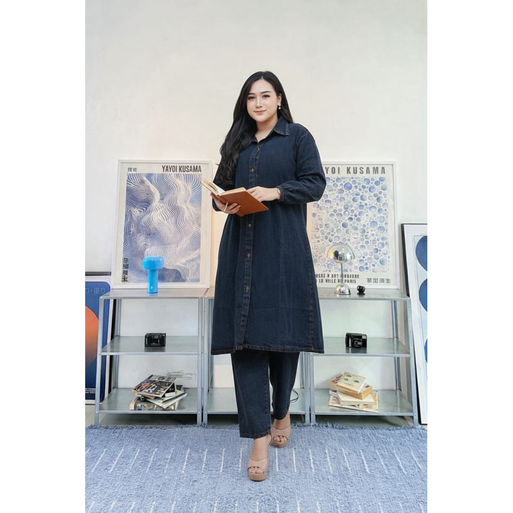 BAST SELLER - One Set Tunik Jeans Wanita | Setelan Tunik Jeans Kekinian | Baju Setalan Jeans Wanita 