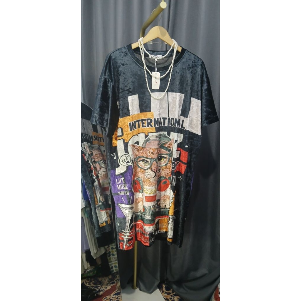 Dress Lengan Pendek Bludru Motif