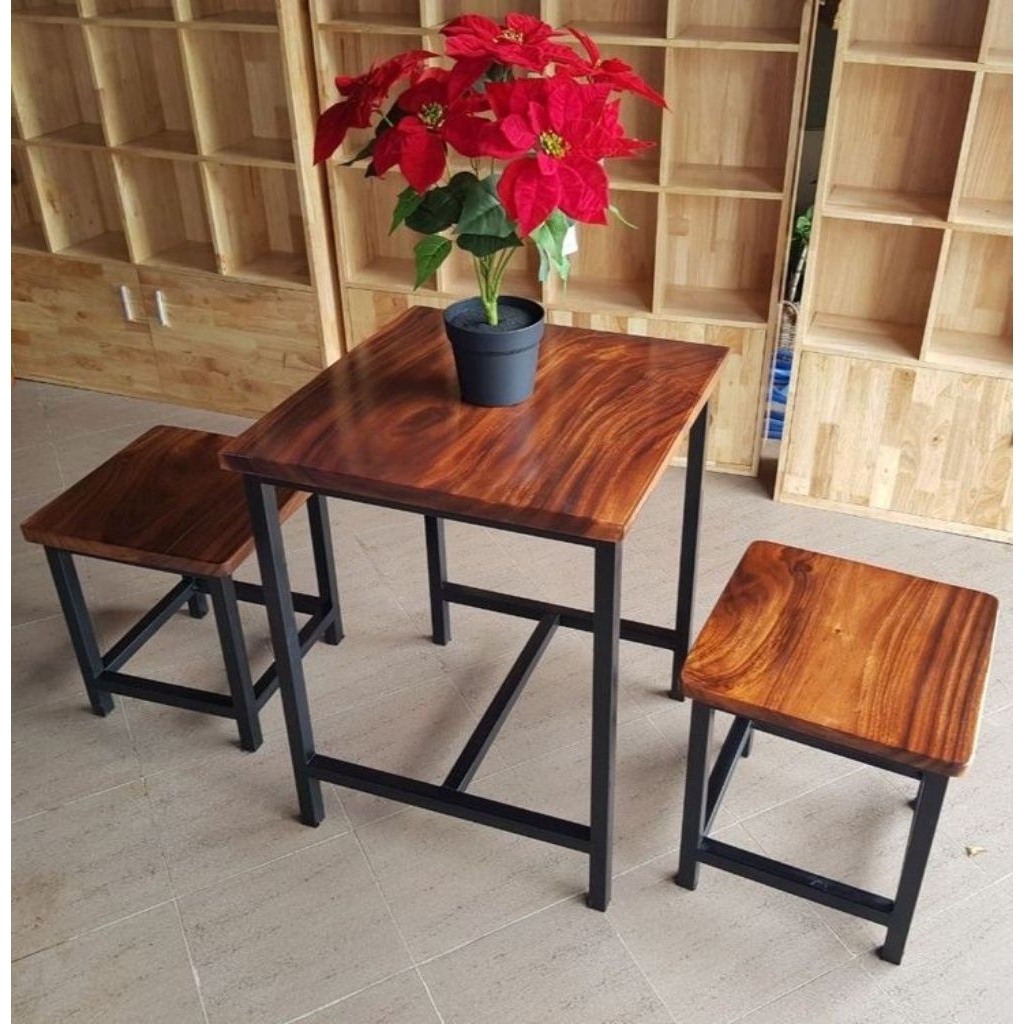 Meja Makan Minimalis 1 set / Meja Kafe Kursi Cafe Industrial Modern - 1 Meja 2 Bangku