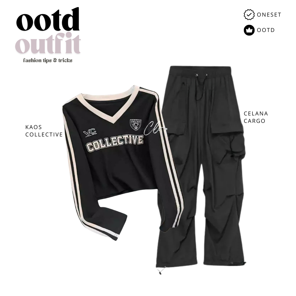 OOTD Oneset Korean Style Hoodie Sweater Setelan Wanita Remaja Celana Cargo Putih Outfit Casual
