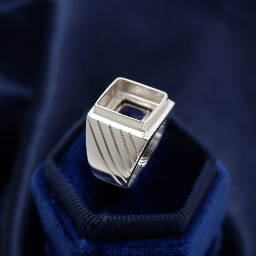 SAN950 Cincin Pria Perak 950 EB02 Kosongan Persegi Batu Akik Garis Samping
