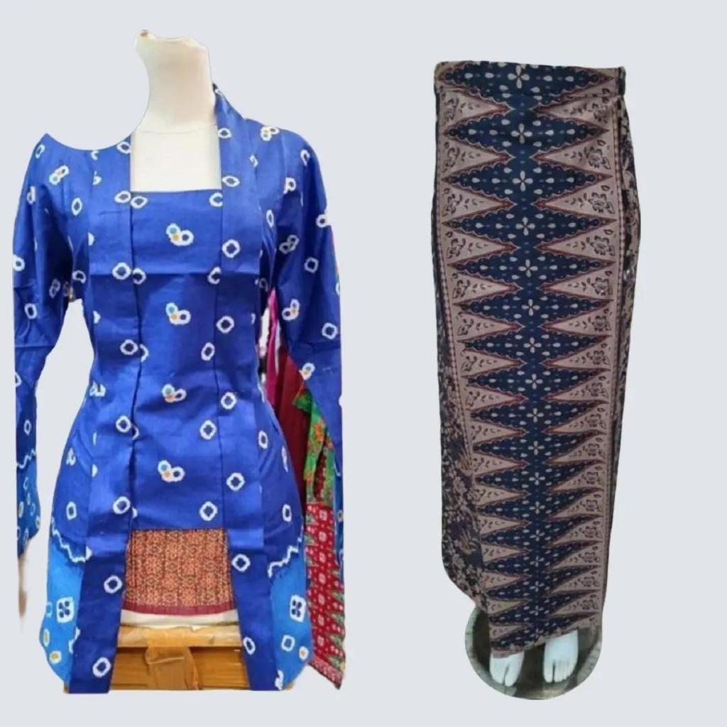 Setelan Kebaya Modern Model Kutu Baru Bahan Kain Katun Batik Warna Biru