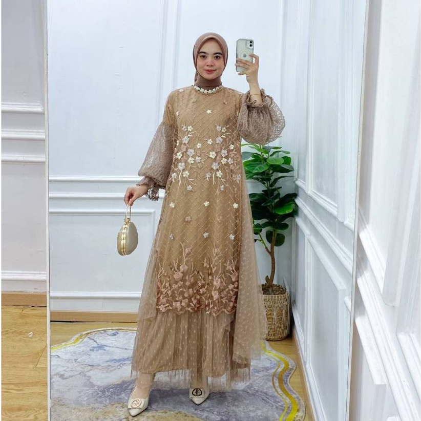 Gamis Brukat Tile Premium 2in1 Set - Dress Mewah Elegan Lebaran / Kondangan Lengan Balon - Shaline G