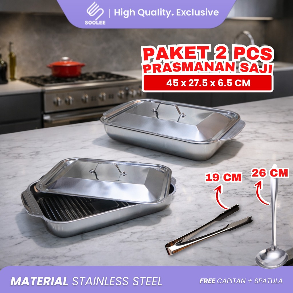 SOOLEE PAKET 3 PCS Wadah Prasmanan Catering Nampan Stainless Steel Wadah Saji Lauk + Tutup
