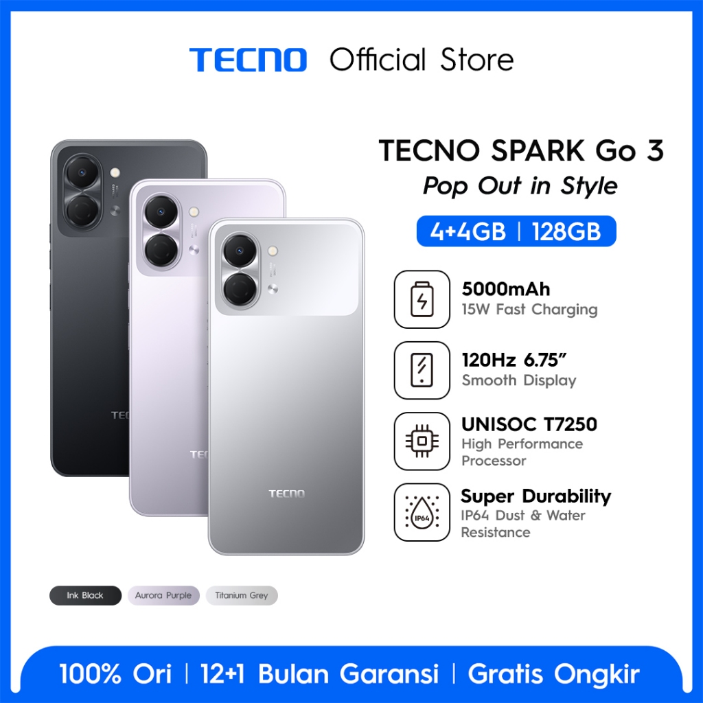 TECNO SPARK Go 3 4GB+4GB*/128GB, IP64, 6.75' HD+, 120Hz Smooth Display, 5000mAh, 15W* Charging, Freelink Communication, TECNO AI - sparkgo3 - Gambar 2