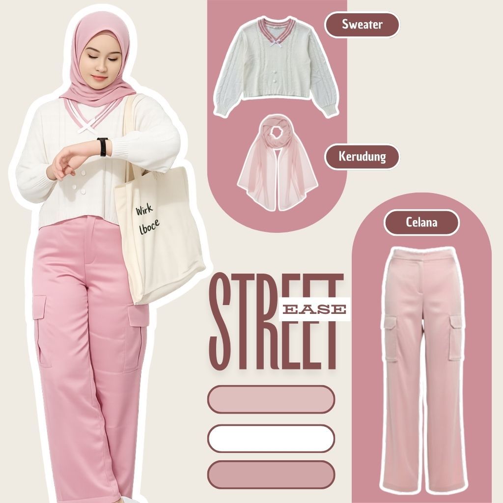 Setelan Outfit Wanita Kekinian Set ( Sweater + Celana Cargo + Hijab ) OOTD Remaja - 013
