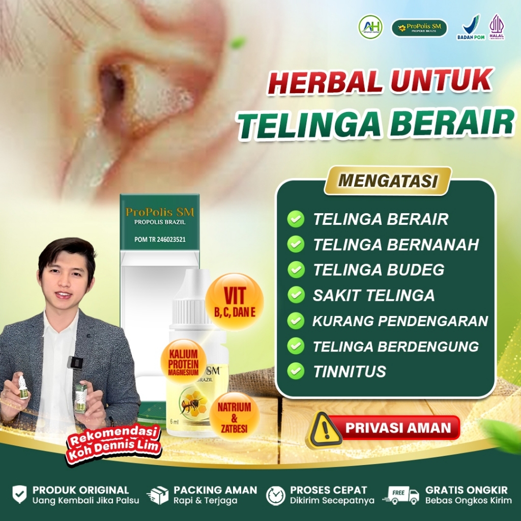 Obat Telinga Berair dan Bau, Tuli Budeg, Telinga Berdengung, Telinga Bernanah, Propolis SM Brazil