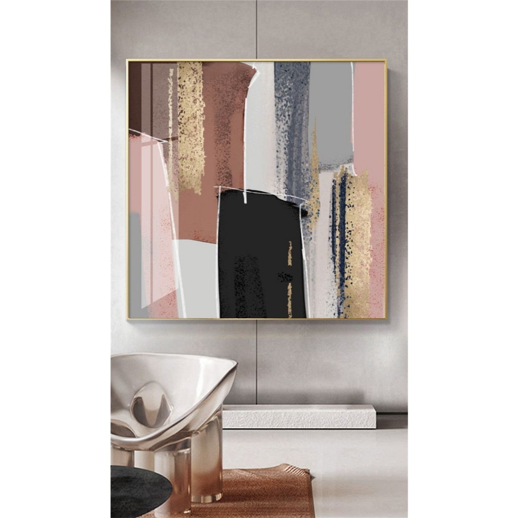 Lukisan Dinding Abstrak Besar gold pink  Hotel 100 x 100 cm plus frame