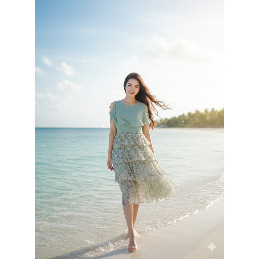 Sage 01 - Long Dress Pantai Umpak Umpak / Long Dress Off Shoulder warna Sage/Mint