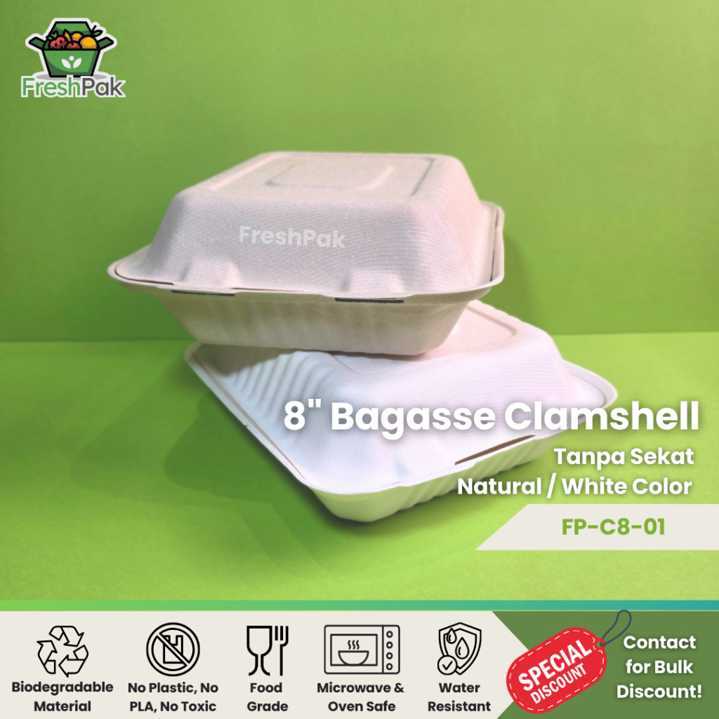 FreshPak Bagasse Lunch Box Clamshell 8" Tanpa Sekat Sugarcane Eco Friendly Food Packaging