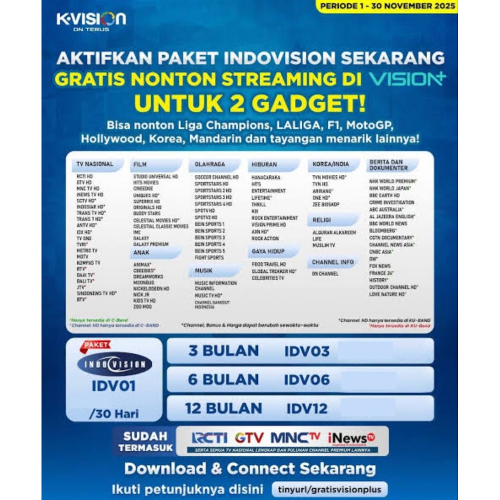 Voucher Kvision Paket Indovision IDV12 K-Vision 360 Hari Paket Lengkap Semua dapat Kecuali "Paket MV