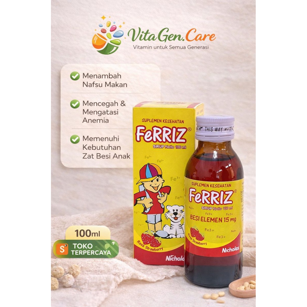 [1 BOTOL] Ferriz Sirup 100 ml – Suplemen Kesehatan Zat Besi Rasa Strawberry