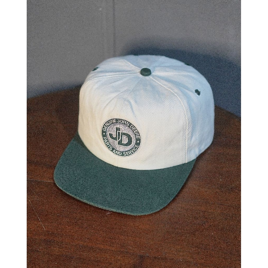 Topi Lawas "JD JOHN DEERE" 6 Panel Vintage Hat Two Tone Putih Hijau | K-PRODUCTS MADE IN USA