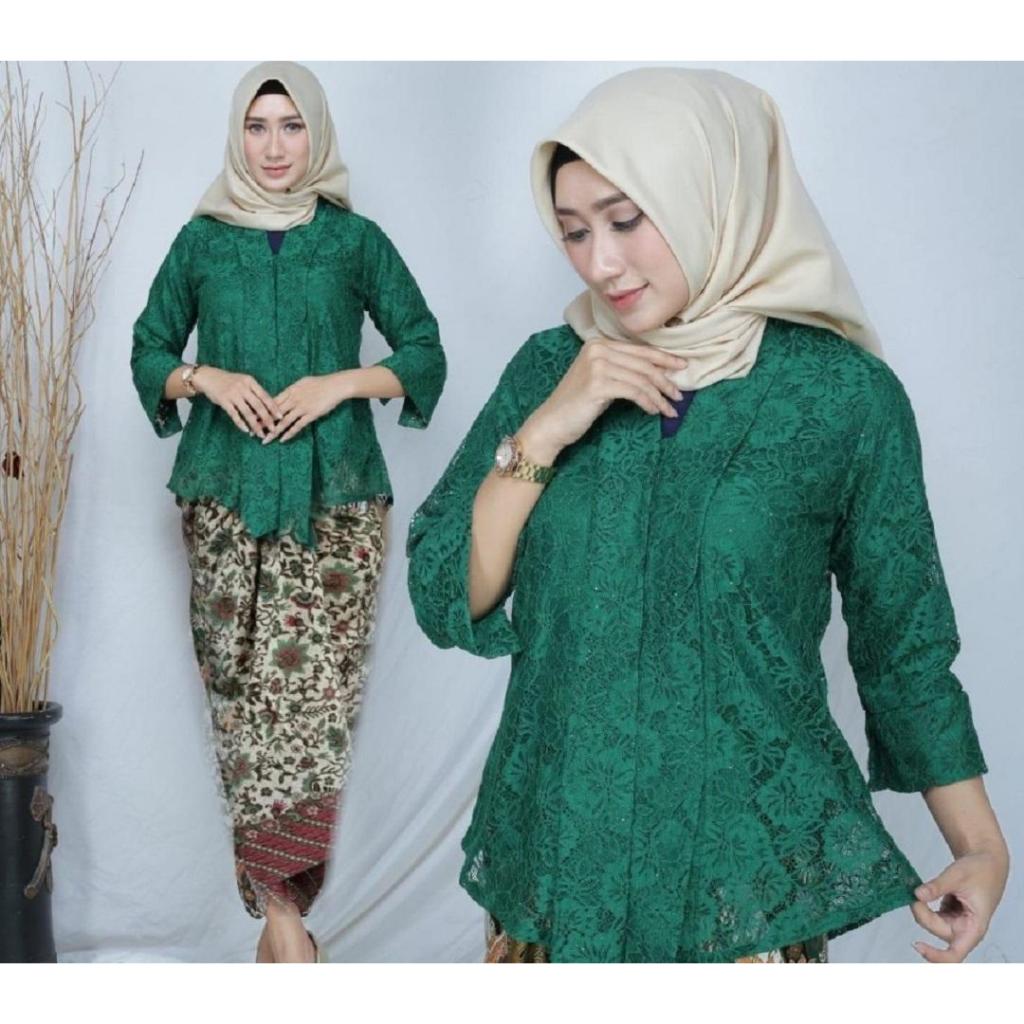 Setelan Kebaya Modern Model Floy Bahan Brukat Warna Hijau