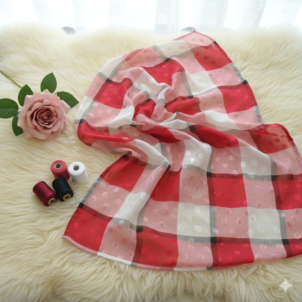 Kain Sifon Uragiri Dobby Motif Kotak Merah Putih - Bahan Chiffon Pom Pom Premium - Meteran untuk Gam