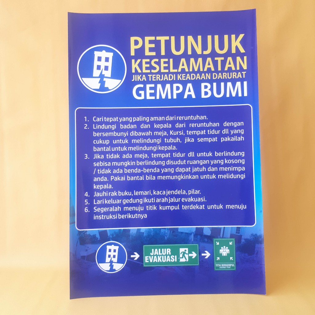 Poster Petunjuk Keselamatan Gempa Bumi, Poster K3 Laminasi Glossy  untuk Puskesmas, klinik