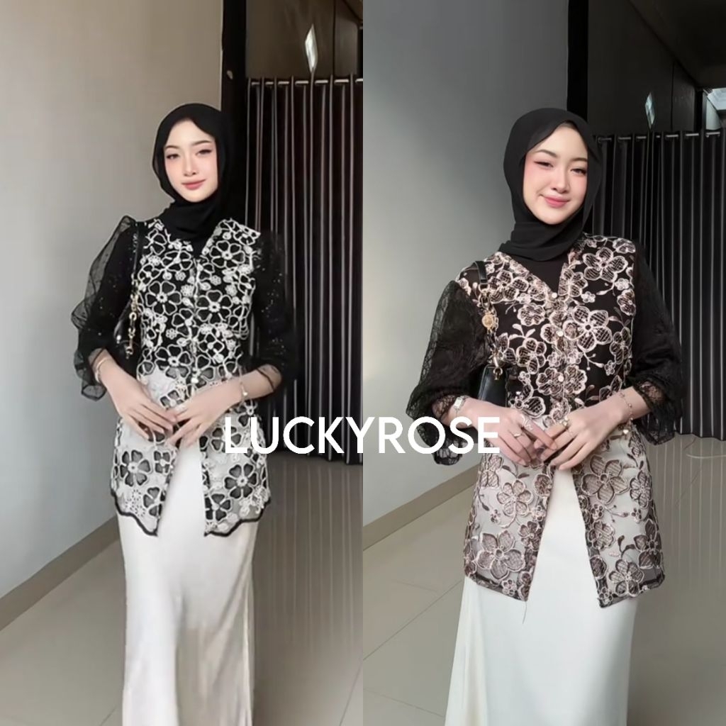 Rocu Outer Tunik Brukat Cardigan Brokat Lengan Pendek atasan outher brukat Outer Brokat Kondangan Le