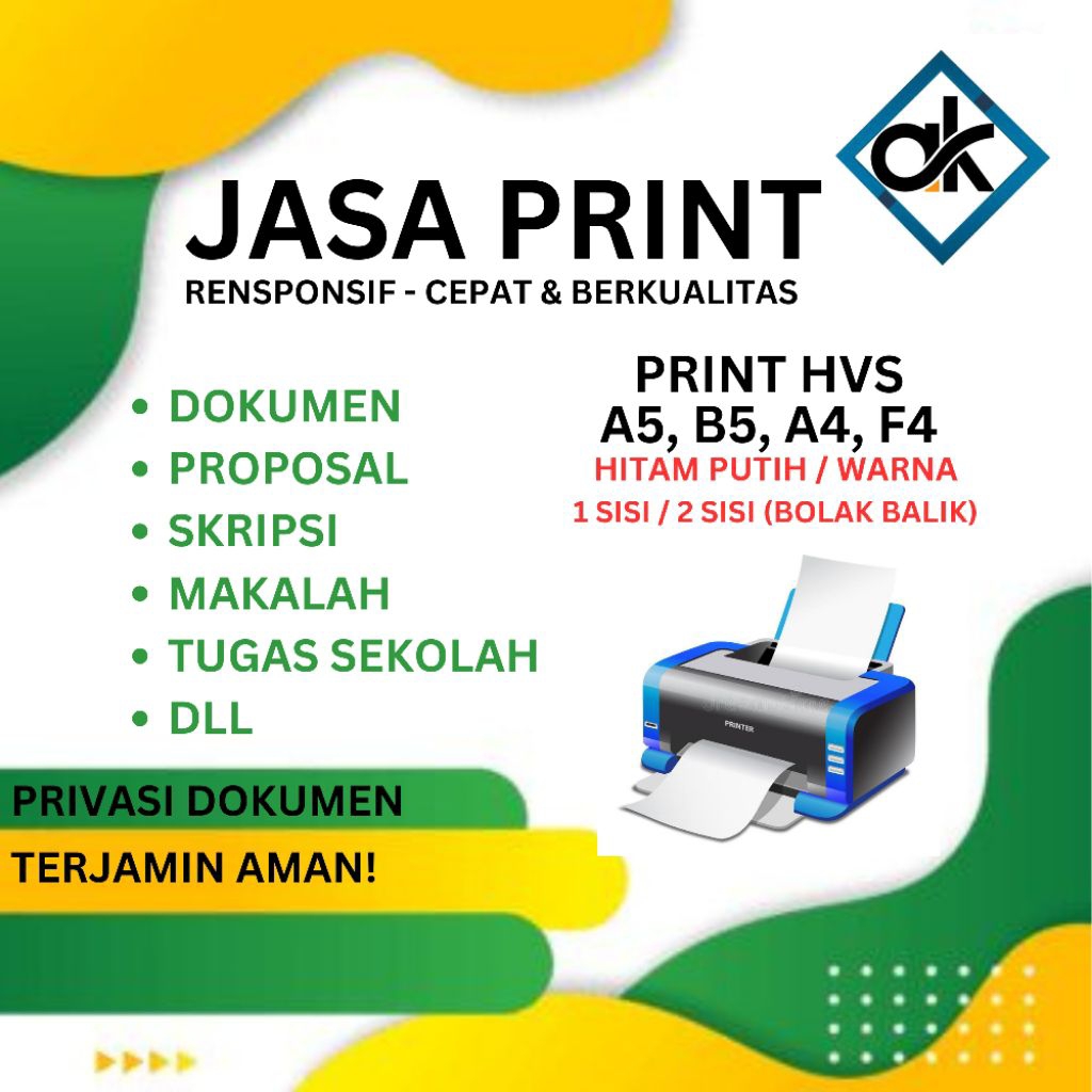 Jasa Print HVS A5 B5 A4 F4 | Hitam Putih & Warna | 1 Sisi / Bolak-Balik | Cepat & Rapi