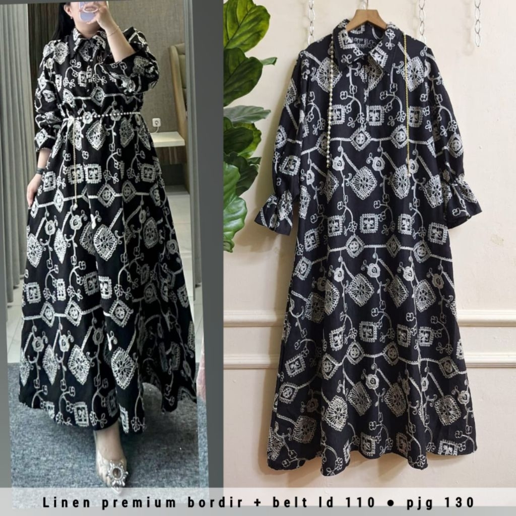 Gamis katun linen bordir premium + belt
