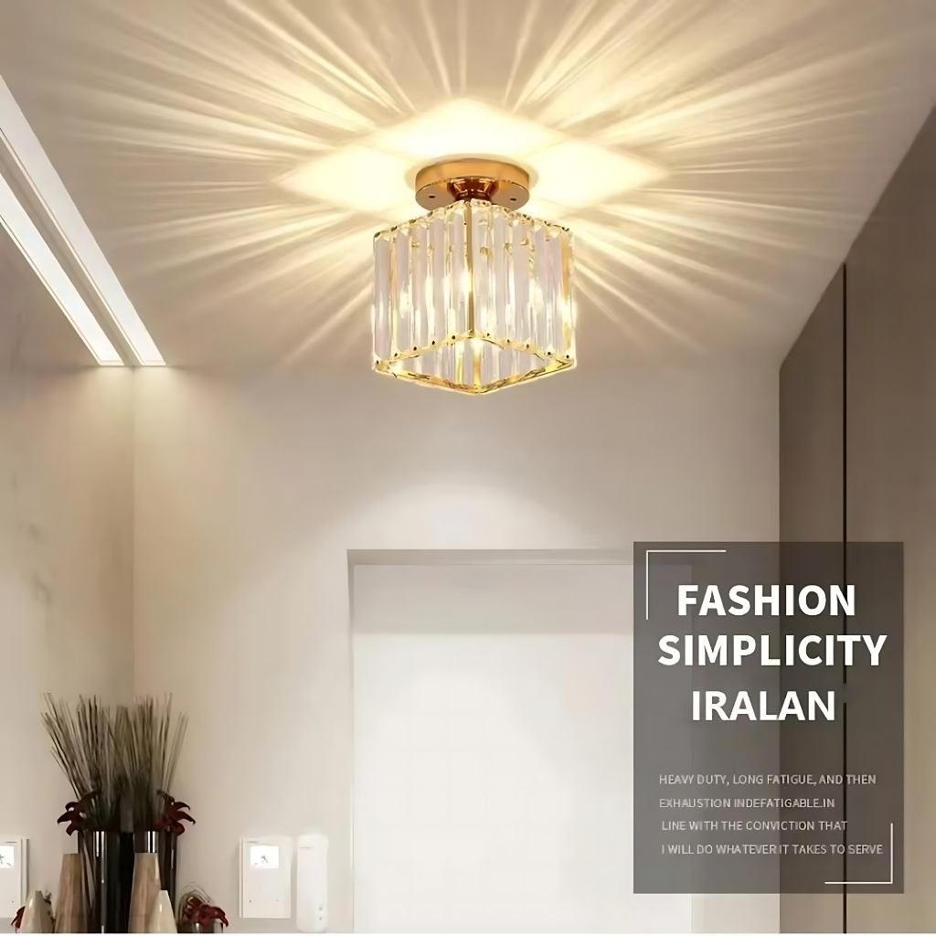 Fitting Lampu Plafon LED Kristal Kotak Gold Nordic Crystal Chandelier Ceiling Light