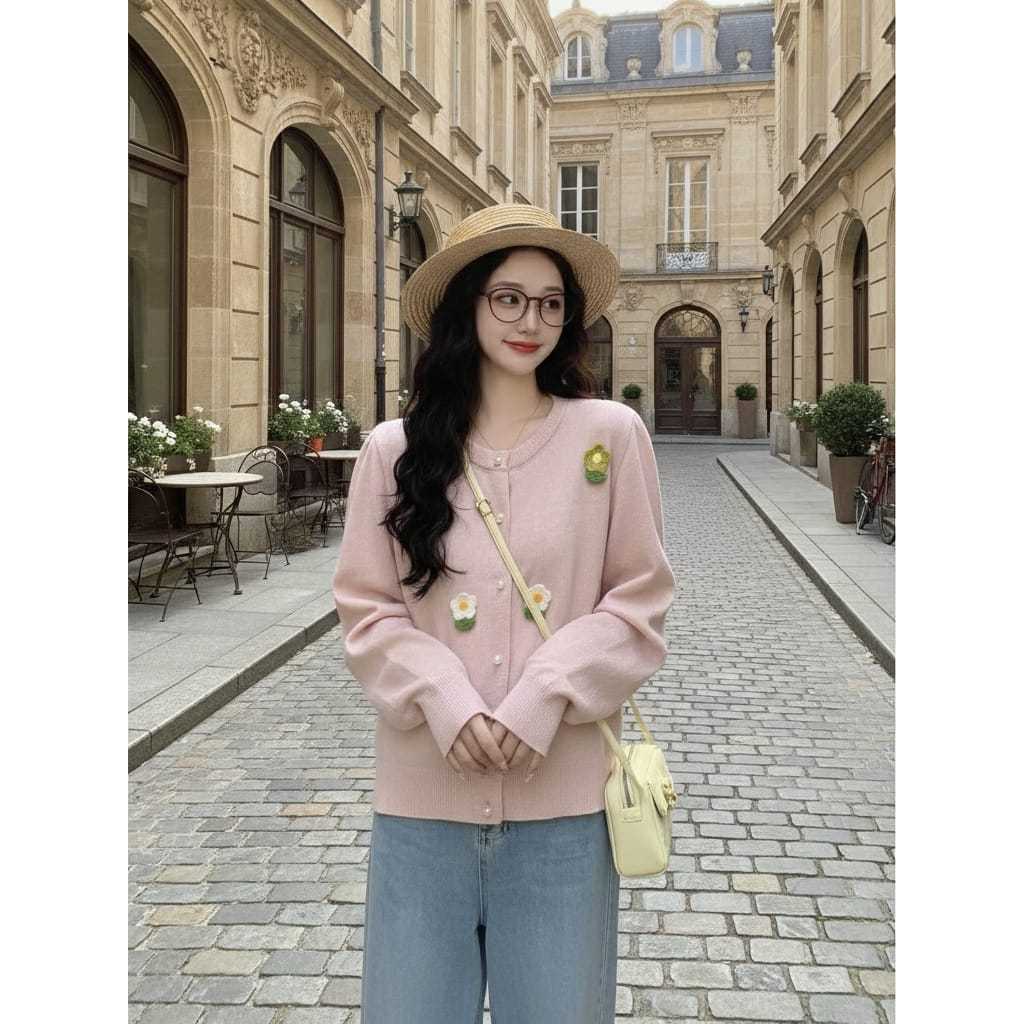Ravee.co - Cardigan Rajut Korea Premium Motif Bunga & Cherry / Outer Knit Wanita Import Premium / Ba