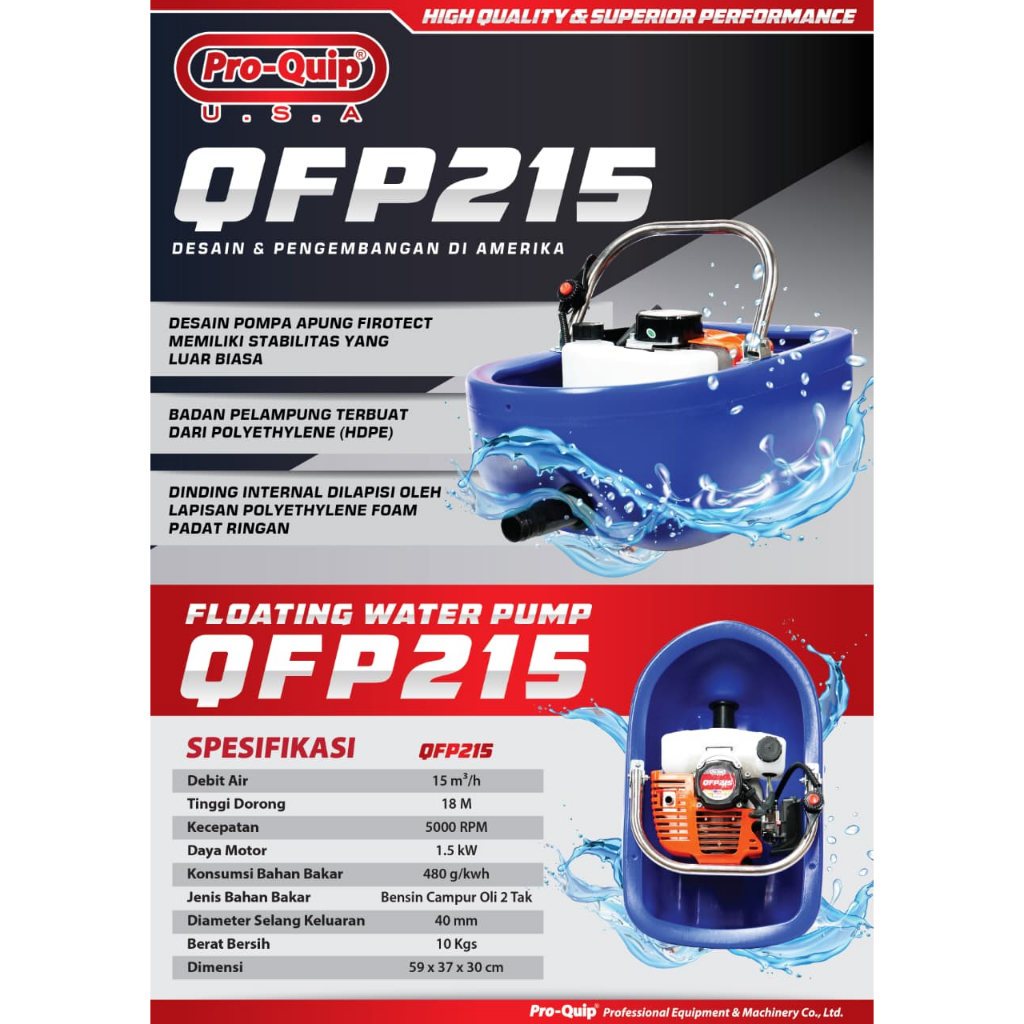 PROQUIP QFP215 Mesin Pompa Air Apung Irigasi / Floating Pump / Floating Water Pump 2-Tak