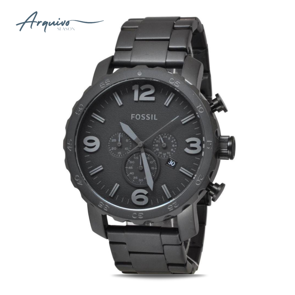 Jam Tangan Pria Fossil Nate Chronograph Black Stainless Steel Mewah Sporty Original JR1401