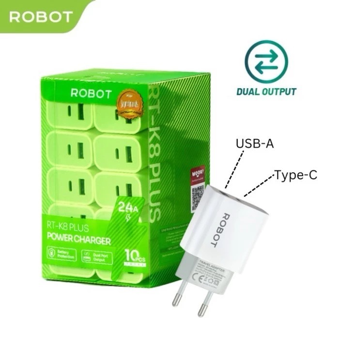 [PCS] ROBOT RT-K8 Plus Adaptor Dual Port Type-C & Usb 2,4A