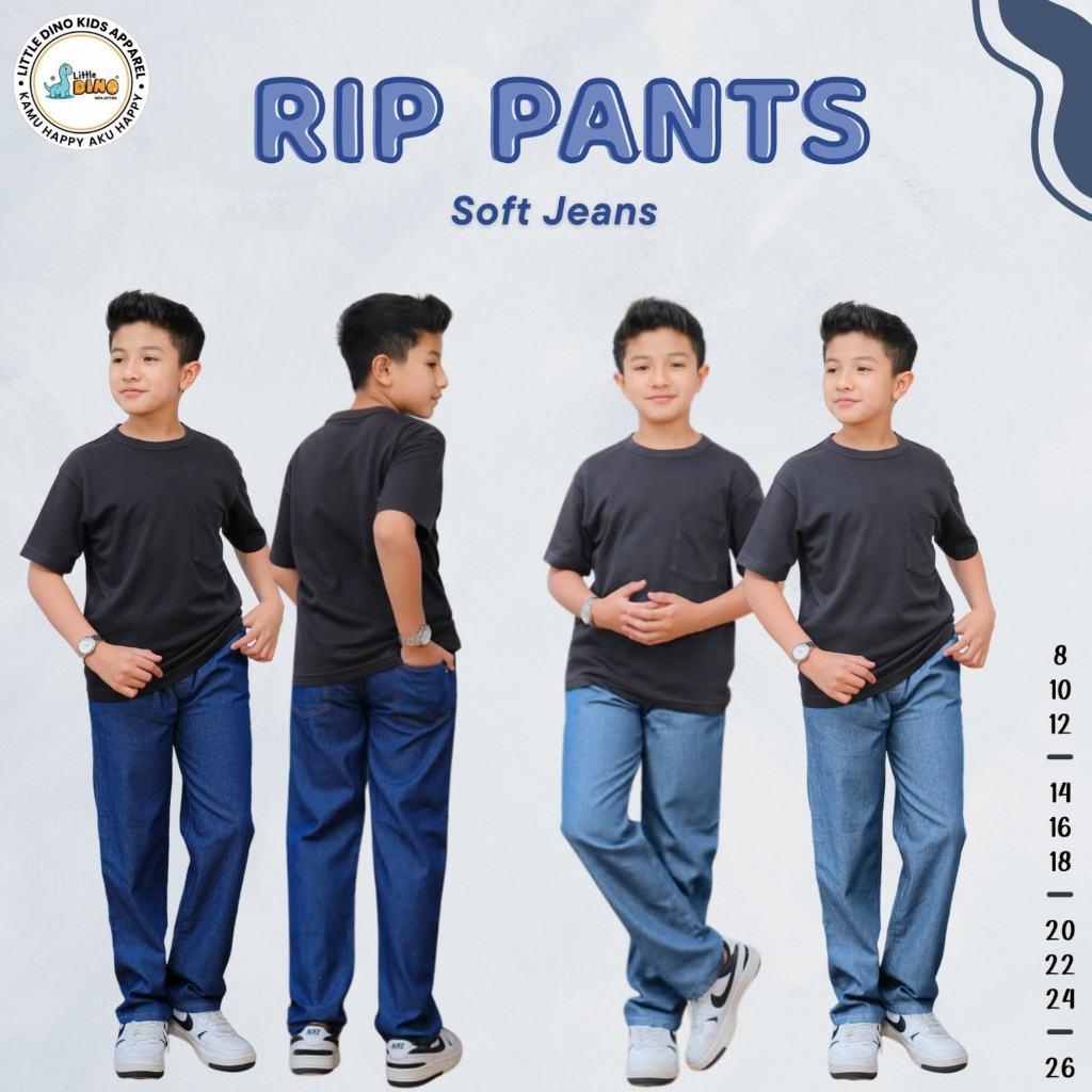 Rip Pants Soft Jeans by Little Dino Celana Panjang Anak Tanggung polos rib lembut tk sd smp 6 7 8 9