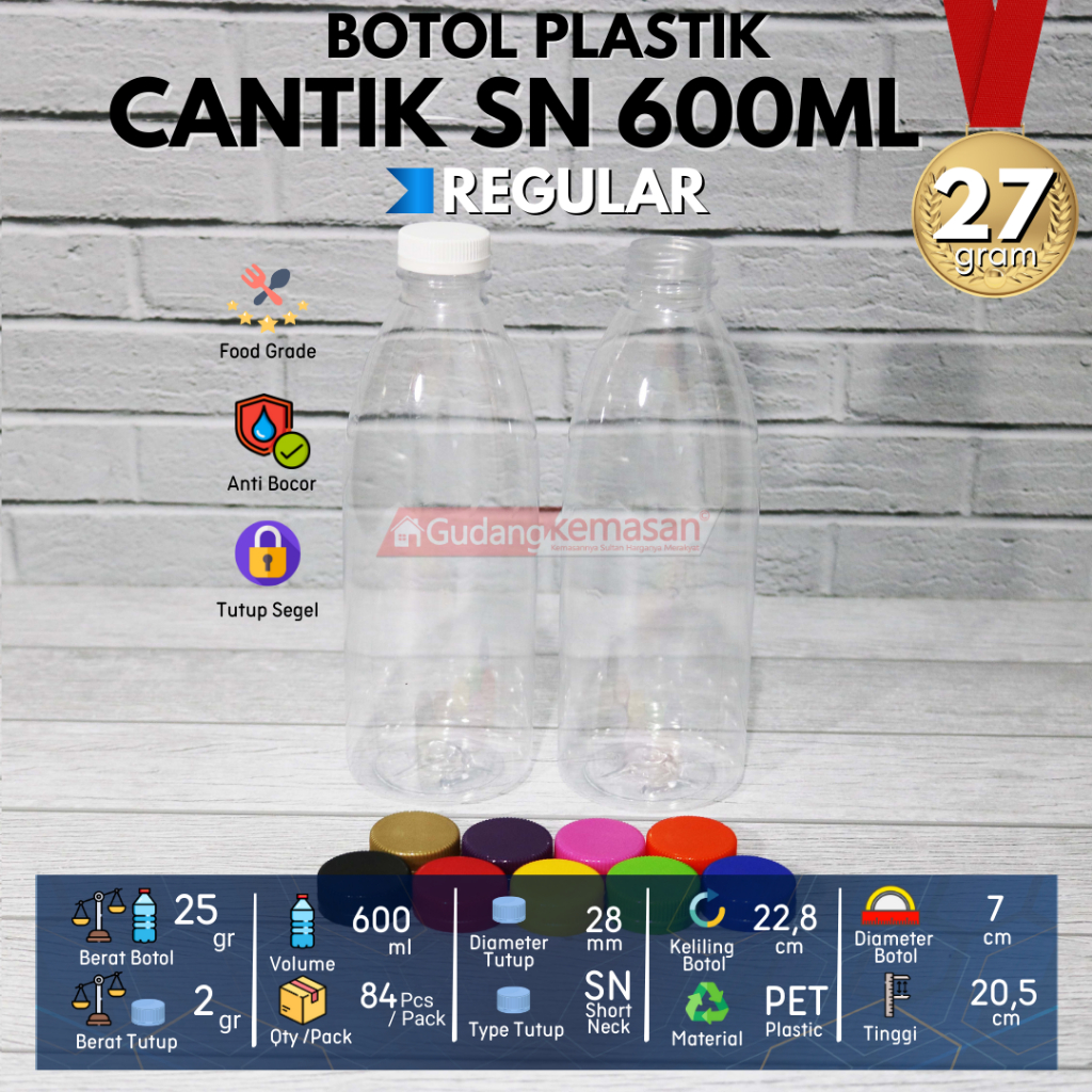BOTOL PLASTIK MINUMAN CANTIK 600ML TUTUP SN SEGEL WARNA WARNI