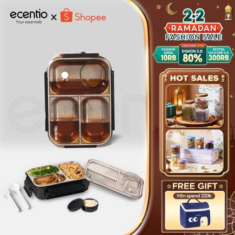 ecentio lunch box stainless 800ml kotak makan stainless 304 tempat makan tempat bekal makan free kot