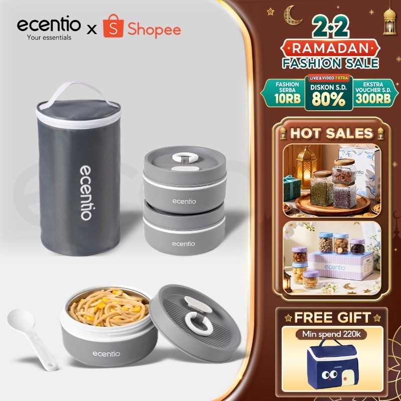[BUY 1 GET 8] ecentio lunch box tas set 3pcs Kotak Makan anti tumpah 304 Stainless Steel tas bekal