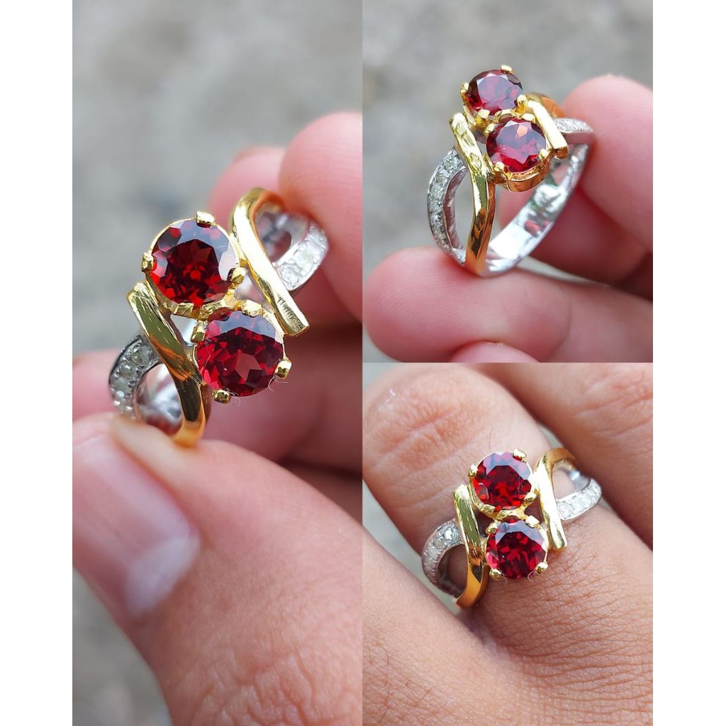 cincin wanita cantik batu merah gernet mix berlian asli eropah