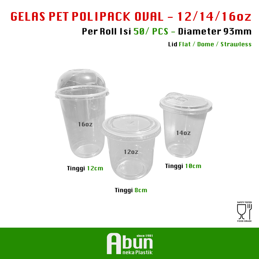 Gelas PET Tebal Polipack Oval 12/14oz/16oz Isi 50pcs