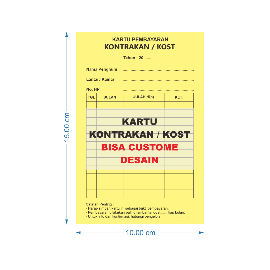 Bulanan / Kartu Sewa Rumah / Kartu Iuran Kontrakan / Kartu Pembayaran Kost