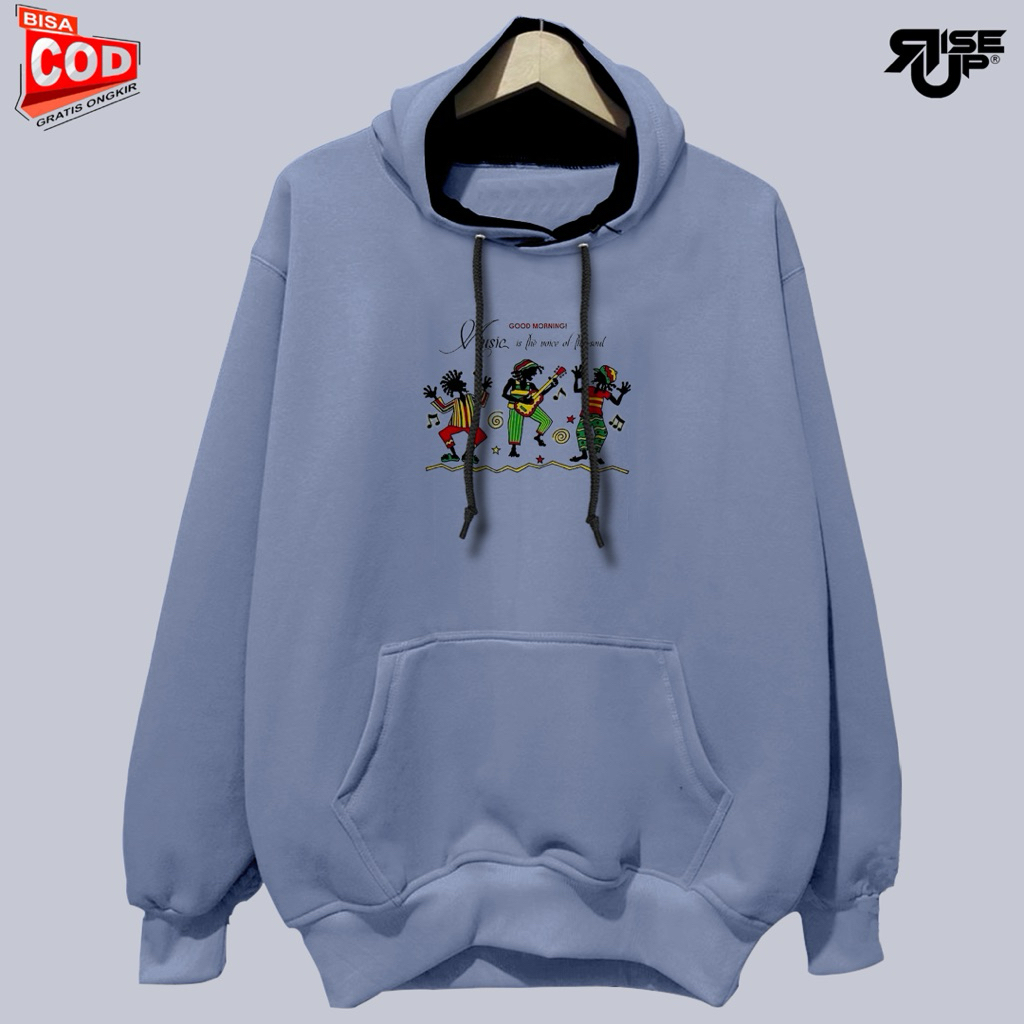 Jaket Hoodie Jumper Rise Up Biru Muda | Streetwear Musik Reggae - Bahan Fleece Tebal