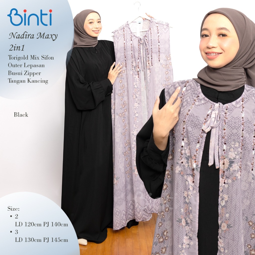 binti gamis jumbo wanita ld 110-130 nadira maxy 2in1 motif polos bunga mat almond plated mix sifon