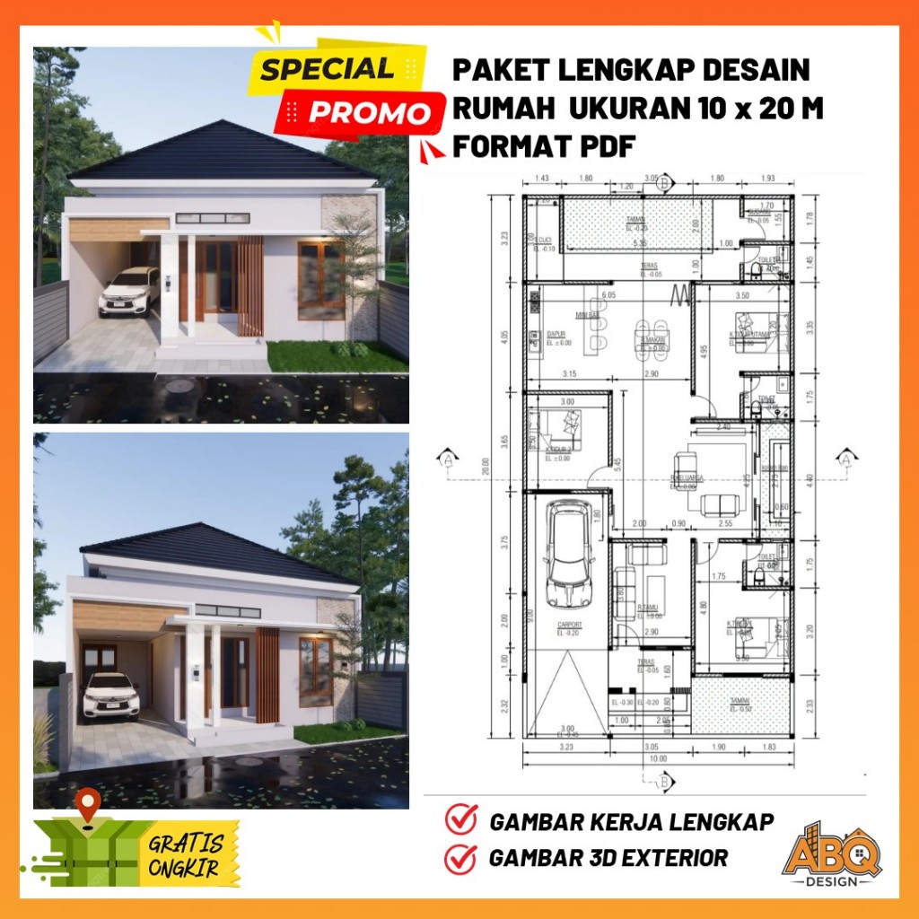 Gambar Kerja Desain Rumah Minimalis Ukuran 10 x 20 meter 3 Kamar Tidur